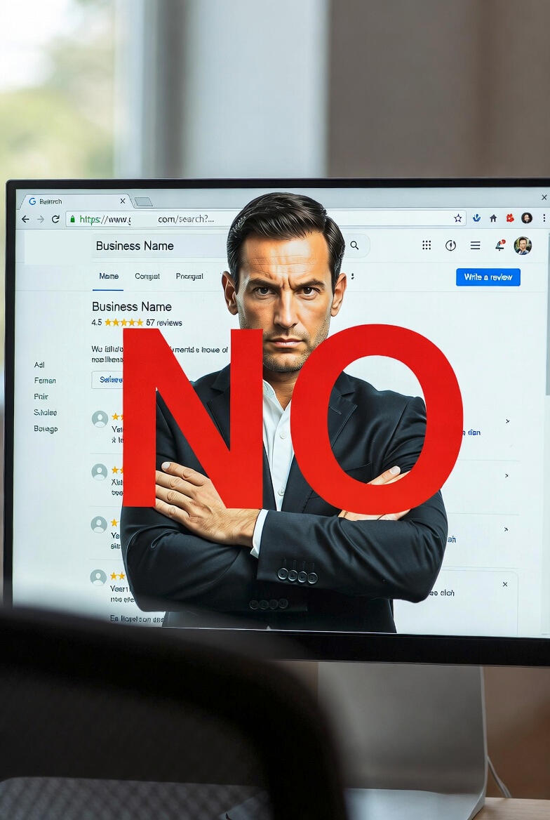 Man telling the viewer NO on web browser with arms crossed Man says no with arms crossed